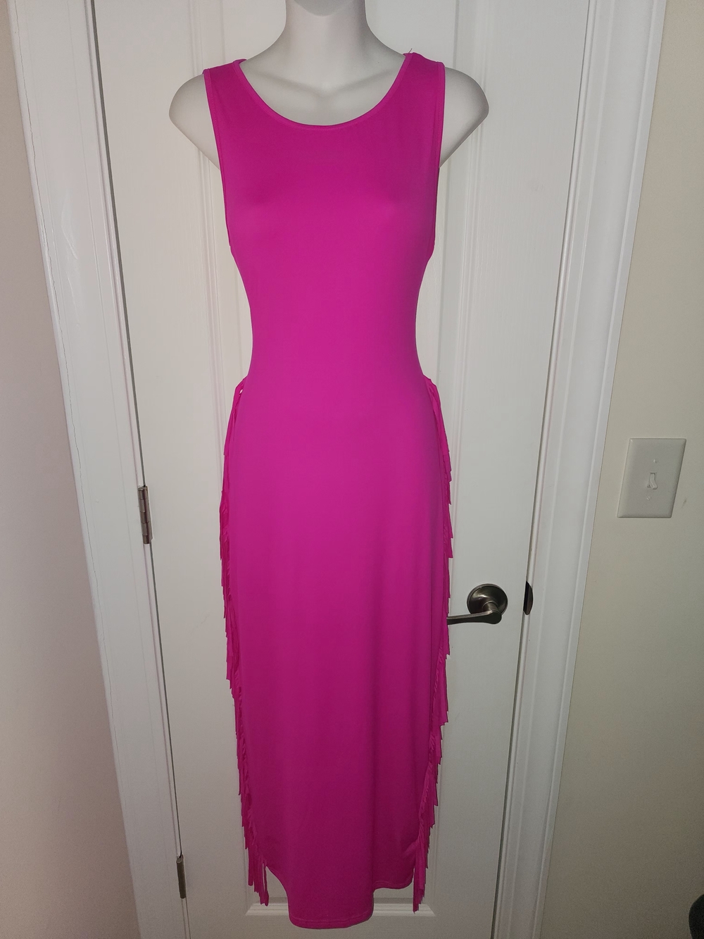 Sleeveless Hot Pink Fringe Maxi Dress